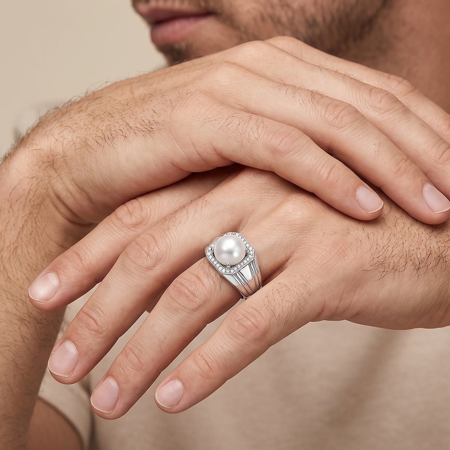 EverTrue Freshwater Pearl and White Zircon 0.30 ctw Men's Ring in Platinum Bond (Size 10.0)