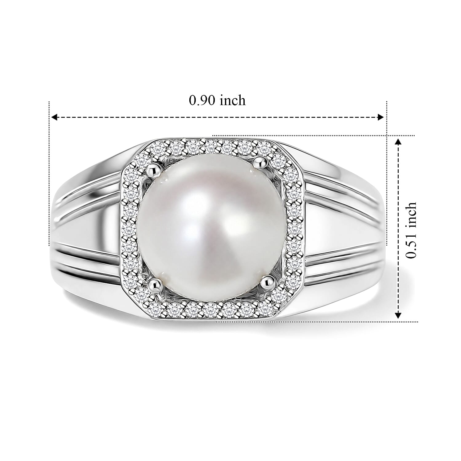 EverTrue Freshwater Pearl and White Zircon 0.30 ctw Men's Ring in Platinum Bond (Size 10.0)