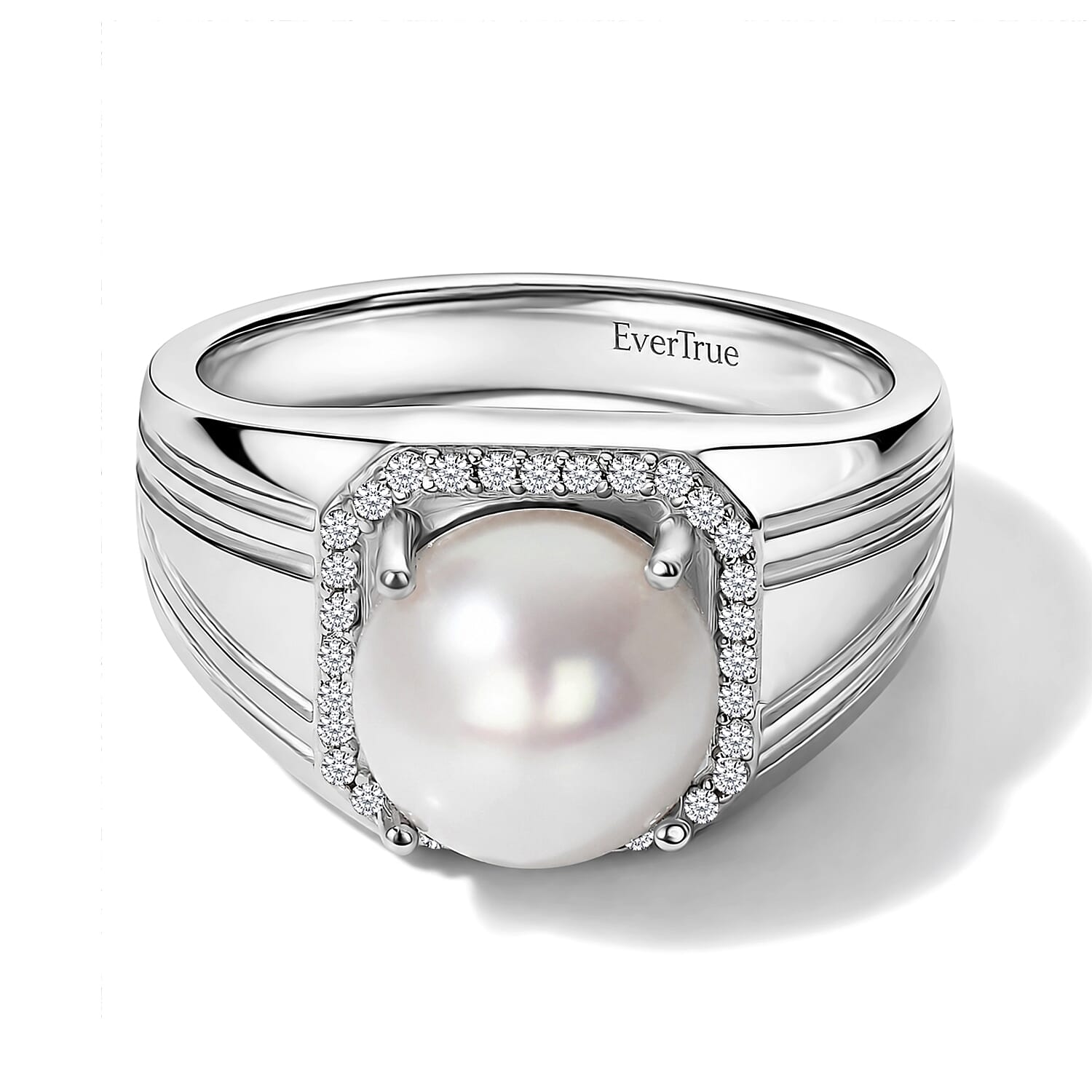 EverTrue Freshwater Pearl and White Zircon 0.30 ctw Men's Ring in Platinum Bond (Size 9.0)