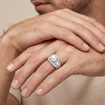 EverTrue Freshwater Pearl and White Zircon 0.30 ctw Men's Ring in Platinum Bond (Size 9.0)