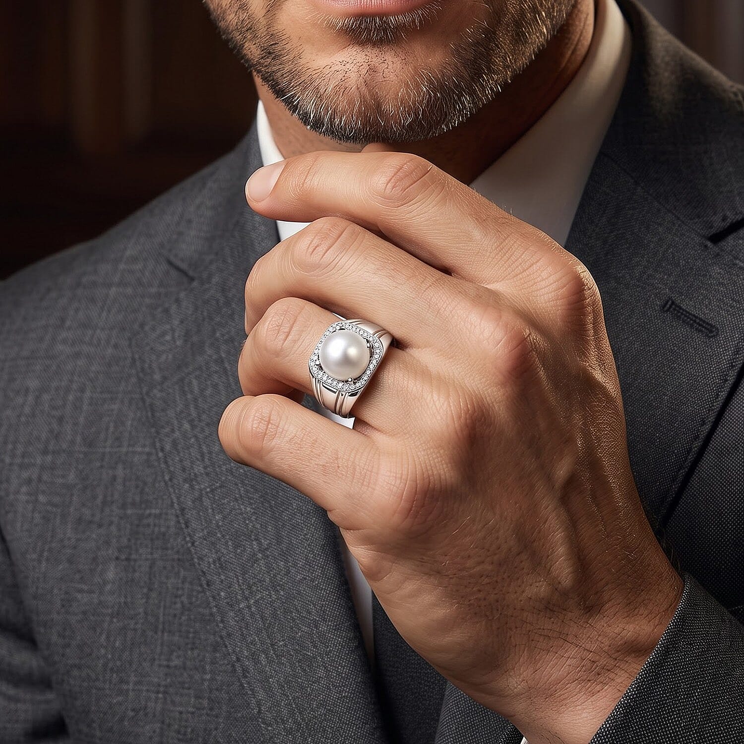 EverTrue Freshwater Pearl and White Zircon 0.30 ctw Men's Ring in Platinum Bond (Size 9.0)