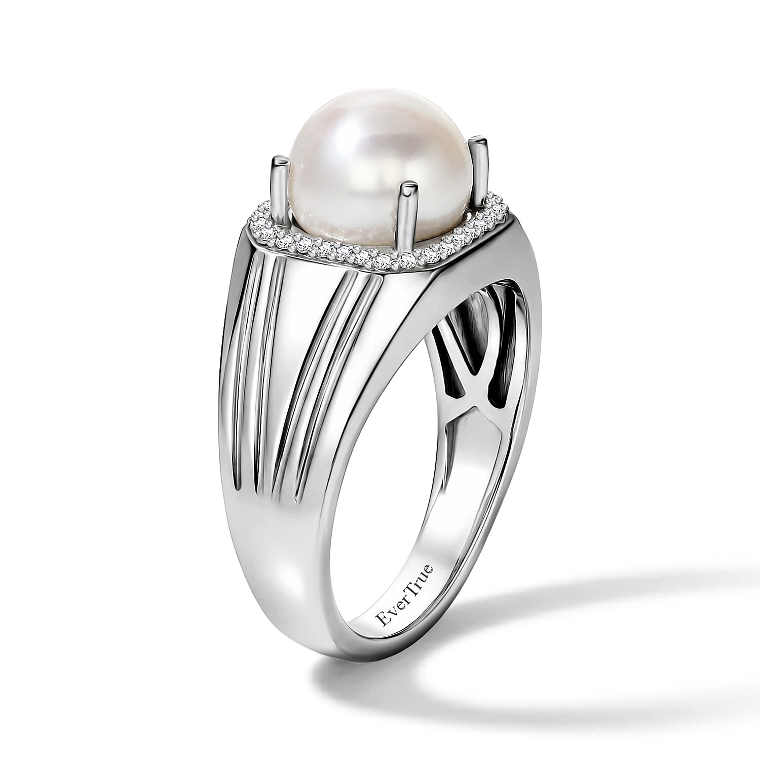 EverTrue Freshwater Pearl and White Zircon 0.30 ctw Men's Ring in Platinum Bond (Size 9.0)