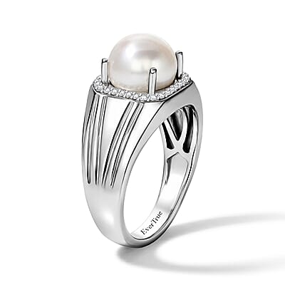 EverTrue Freshwater Pearl and White Zircon 0.30 ctw Men's Ring in Platinum Bond (Size 9.0)