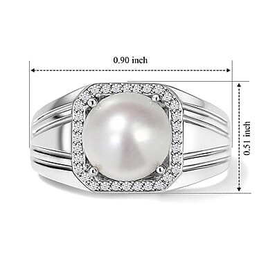 EverTrue Freshwater Pearl and White Zircon 0.30 ctw Men's Ring in Platinum Bond (Size 9.0)