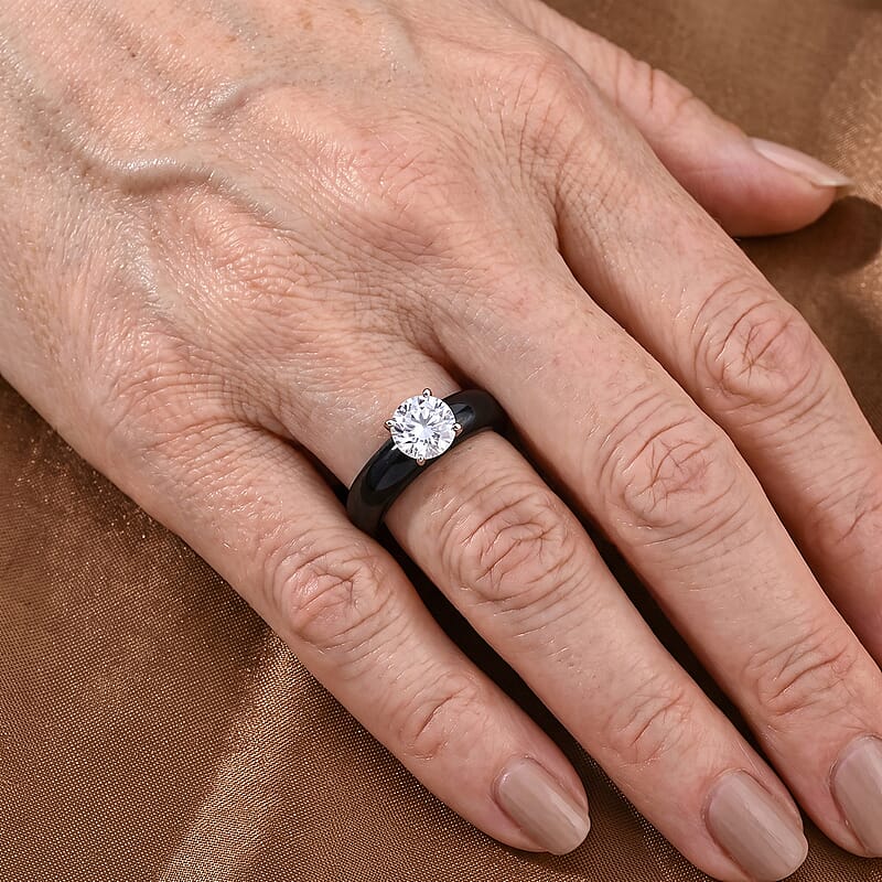 Moissanite and Black Jade (D) 20.15 ctw Band Ring in 950 Platinum (Size 6.0)