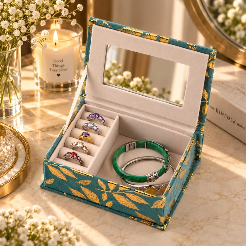 Livmore Blue and Golden Leaf Print Rectangle Jewelry Box