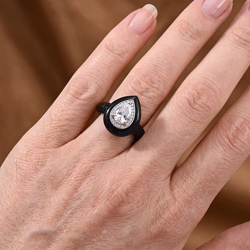 D'Joy Moissanite and Black Jade (D) 22.25 ctw Ring in Rhodium Over Sterling Silver (Size 5.0)