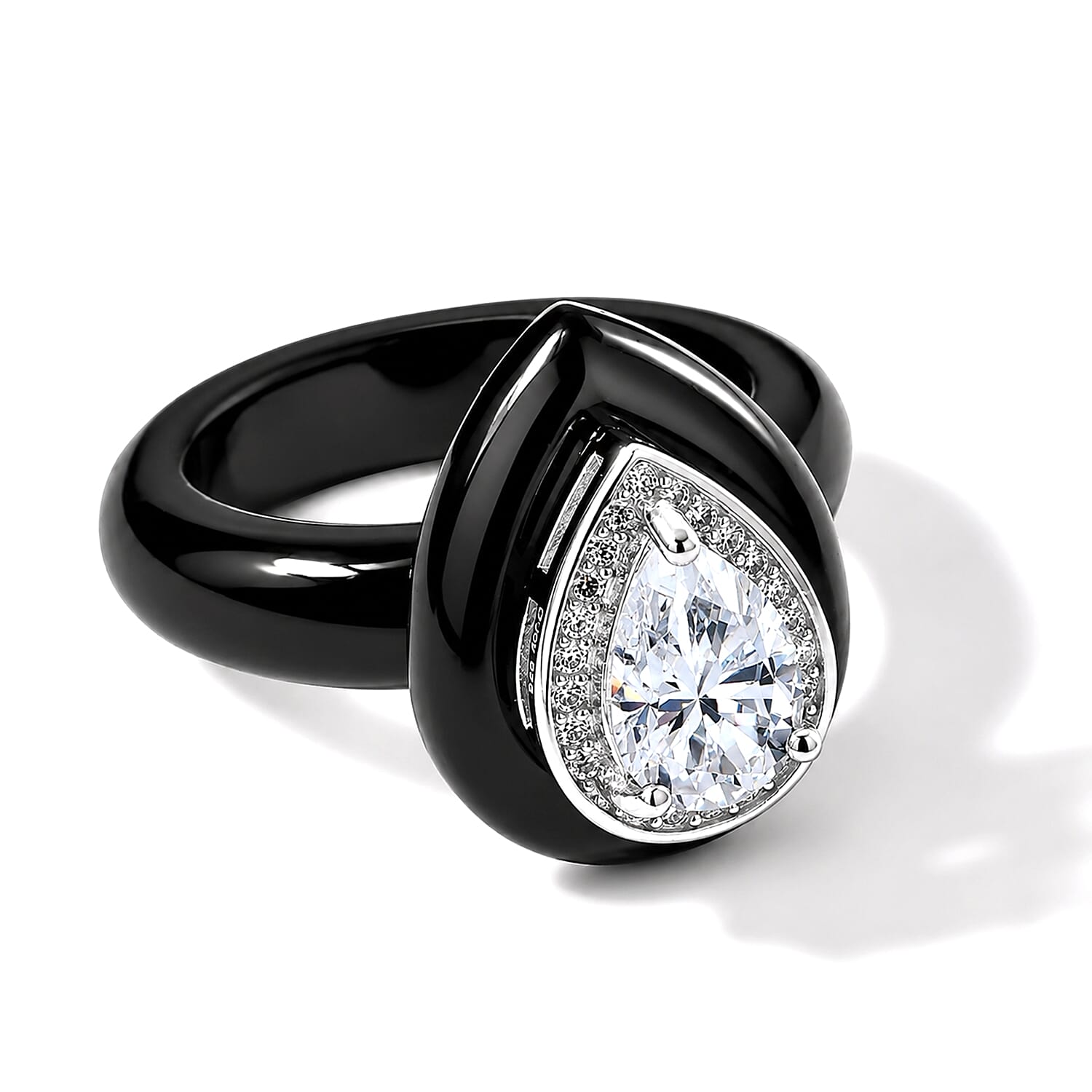 D'Joy Moissanite (Pear 9x6mm), Black Jade Ring in Rhodium Over Sterling Silver (Size 10.0) 22.25 ctw