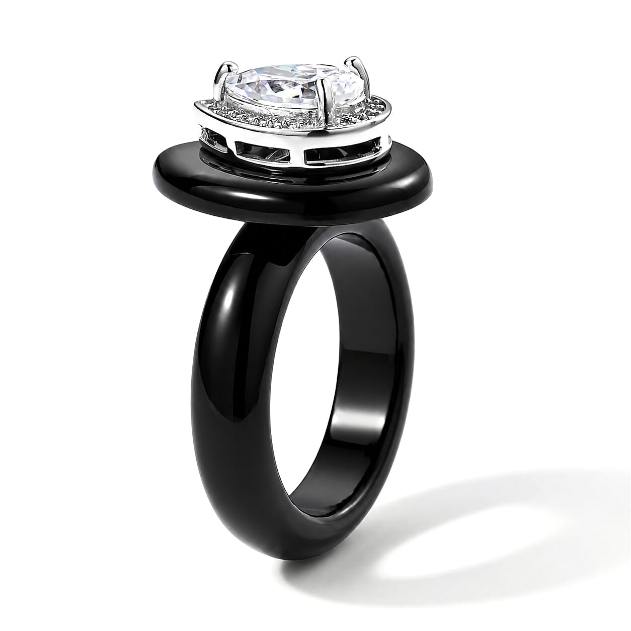 D'Joy Moissanite and Black Jade (D) 22.25 ctw Ring in Rhodium Over Sterling Silver (Size 6.0)