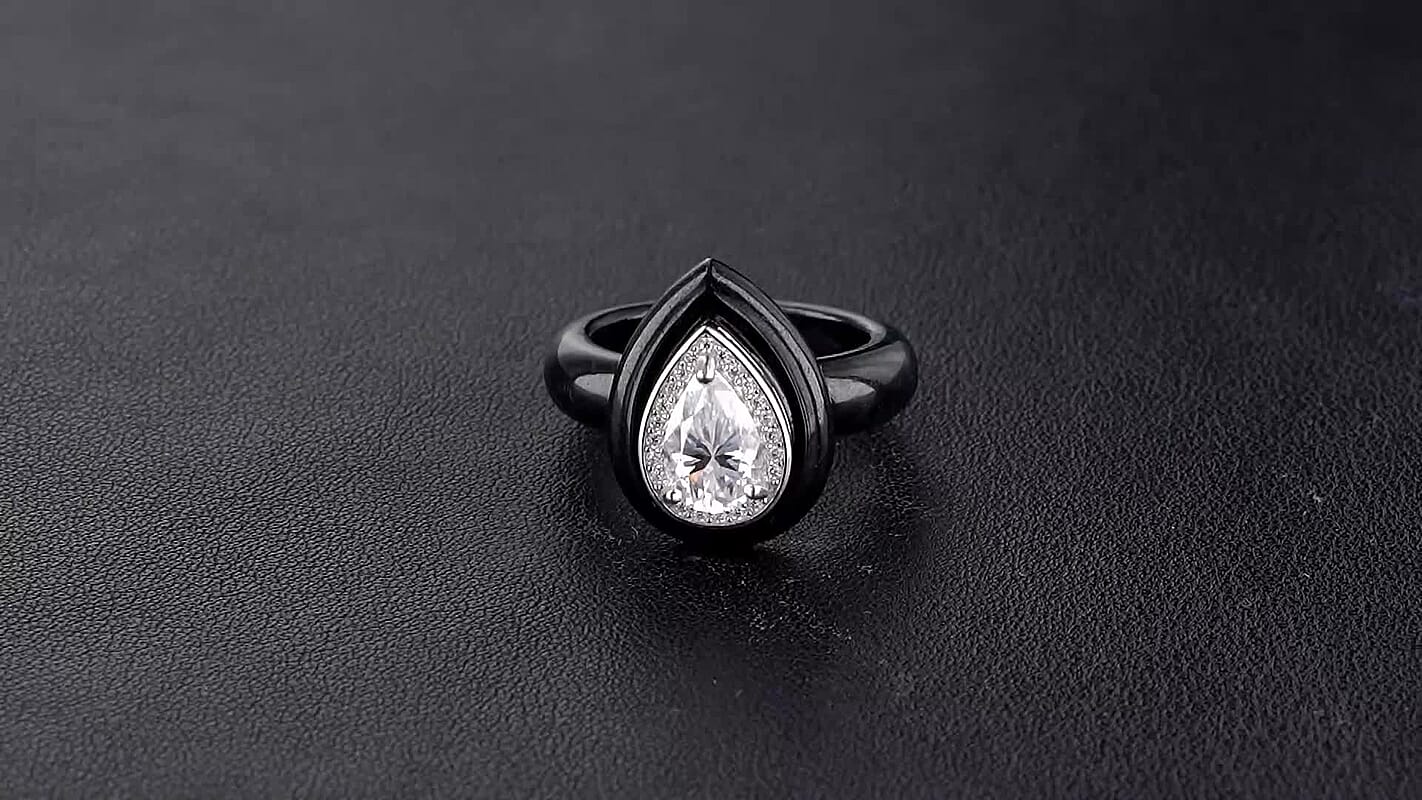 D'Joy Moissanite (Pear 9x6mm), Black Jade Ring in Rhodium Over Sterling Silver (Size 10.0) 22.25 ctw