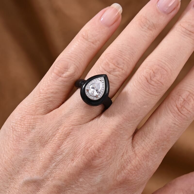 D'Joy Moissanite and Black Jade (D) 22.25 ctw Ring in Rhodium Over Sterling Silver (Size 7.0)