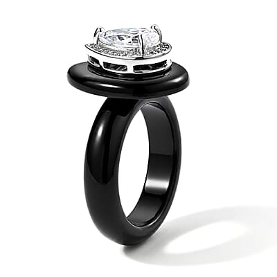 D'Joy Moissanite and Black Jade (D) 22.25 ctw Ring in Rhodium Over Sterling Silver (Size 7.0)
