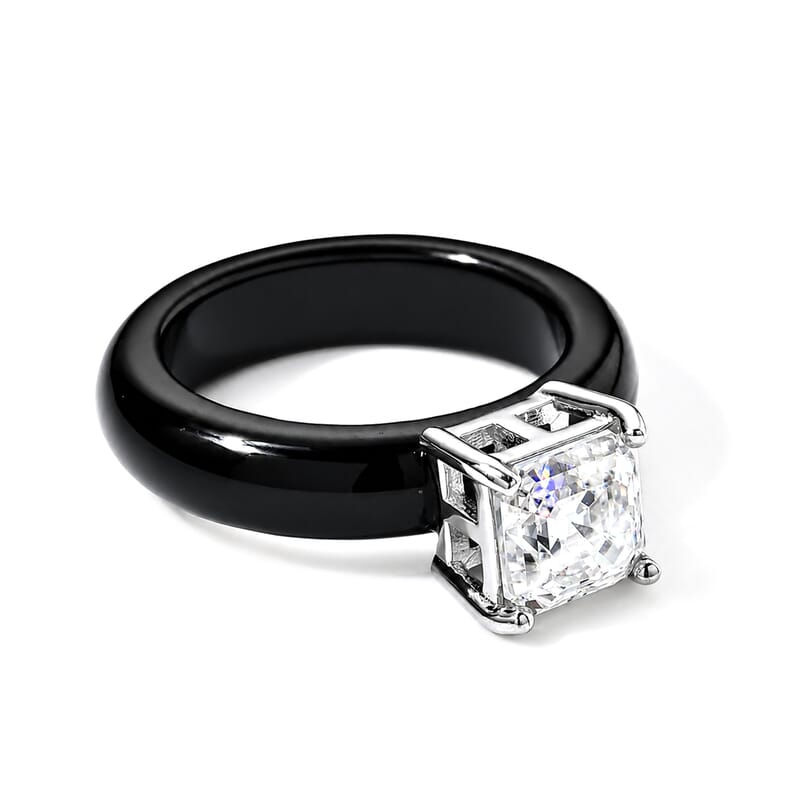 D'Joy Asscher Cut Moissanite and Black Jade (D) 16.35 ctw Ring in Rhodium Over Sterling Silver (Size 5.0)