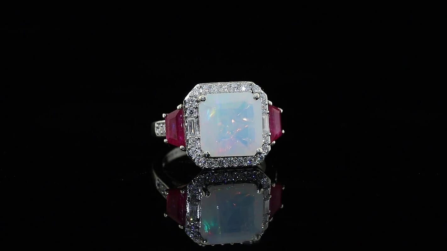 D'Joy AAA Ethiopian Welo Opal, Multi Gemstone Ring in Rhodium Over Sterling Silver (Size 10.0) 4.25 ctw