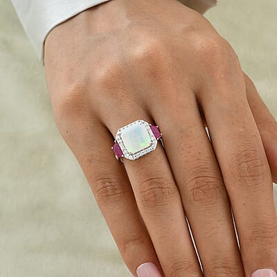 D'Joy AAA Ethiopian Welo Opal and Multi Gemstone 4.25 ctw Geometric Radiance Ring in Rhodium Over Sterling Silver (Size 7.0)