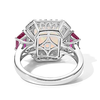 D'Joy AAA Ethiopian Welo Opal and Multi Gemstone 4.25 ctw Geometric Radiance Ring in Rhodium Over Sterling Silver (Size 7.0)