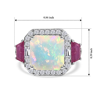 D'Joy AAA Ethiopian Welo Opal and Multi Gemstone 4.25 ctw Geometric Radiance Ring in Rhodium Over Sterling Silver (Size 7.0)
