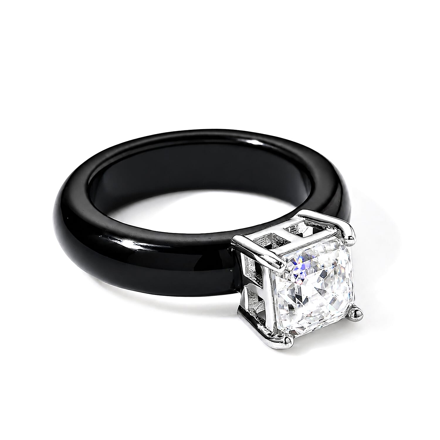 D'Joy Asscher Cut Moissanite and Black Jade (D) 16.35 ctw Ring in Rhodium Over Sterling Silver (Size 7.0)