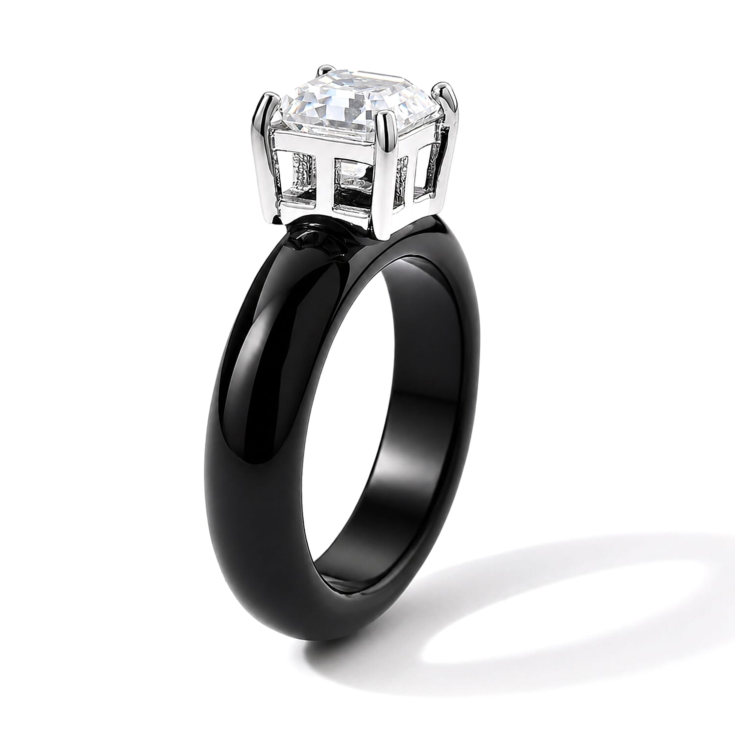 D'Joy Asscher Cut Moissanite and Black Jade (D) 16.35 ctw Ring in Rhodium Over Sterling Silver (Size 7.0)