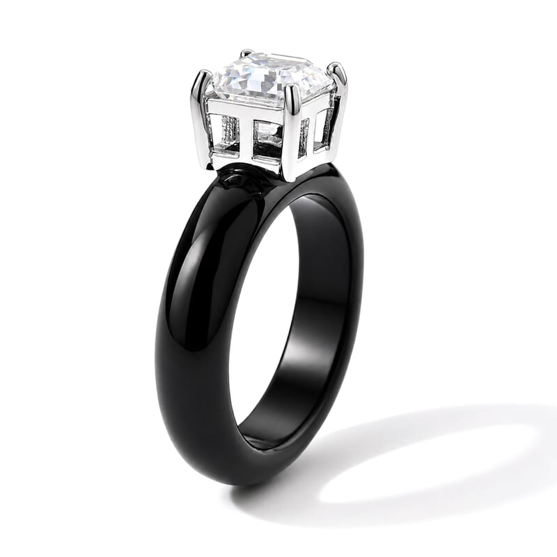D'Joy Asscher Cut Moissanite and Black Jade (D) 16.35 ctw Ring in Rhodium Over Sterling Silver (Size 7.0)