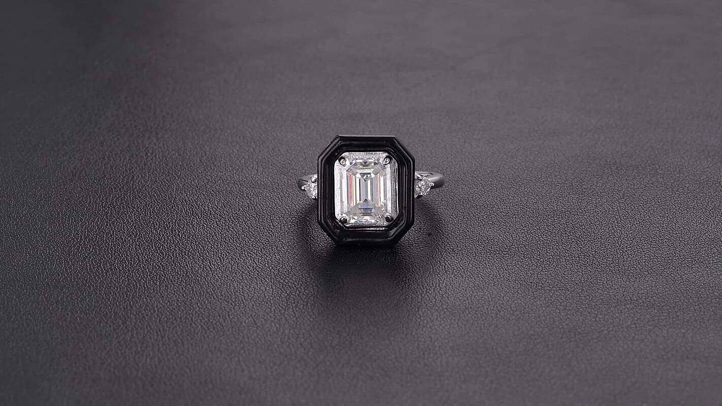 D'Joy Moissanite (Oct 9x7mm), Black Jade Midnight Spark Ring in Rhodium Over Sterling Silver (Size 10.0) 5.60 ctw
