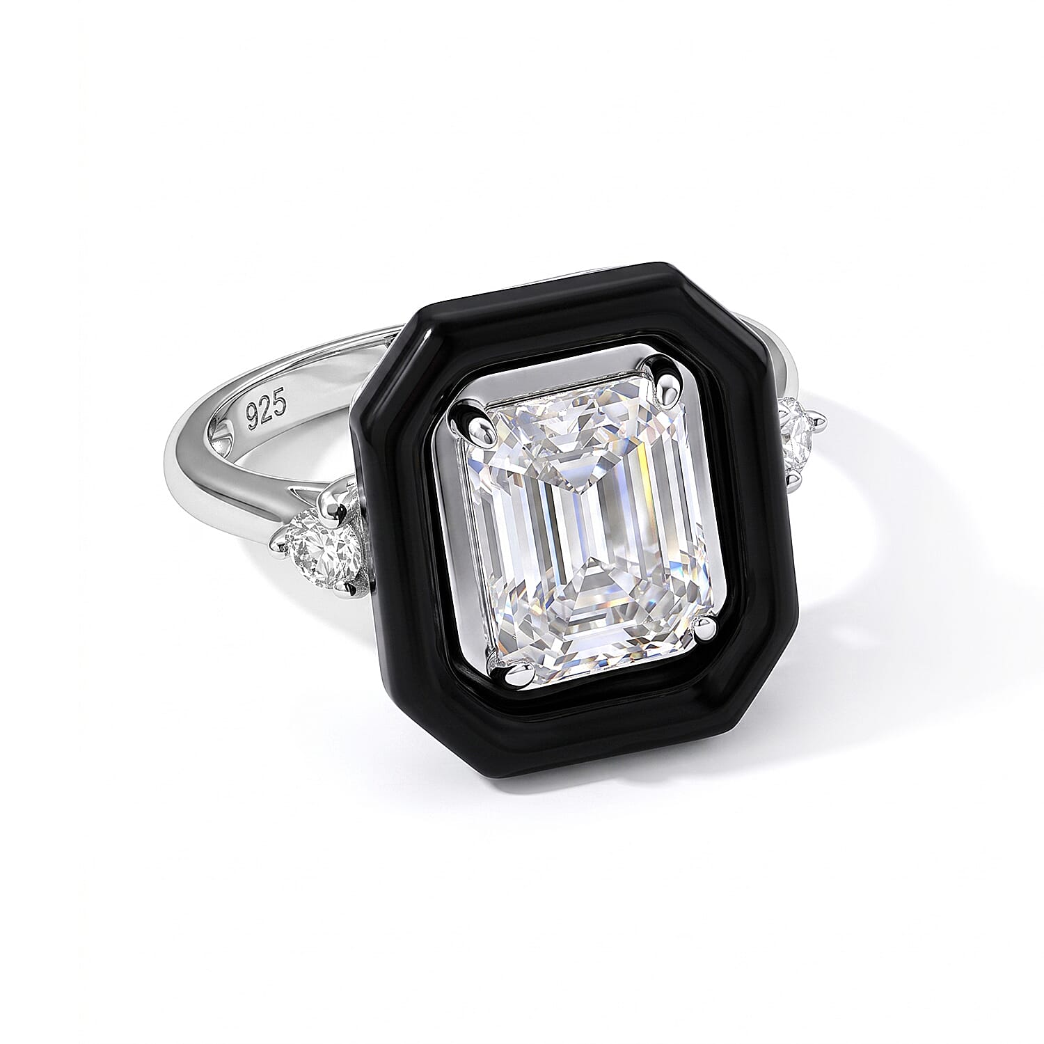 D'Joy Moissanite (Oct 9x7mm), Black Jade Midnight Spark Ring in Rhodium Over Sterling Silver (Size 10.0) 5.60 ctw