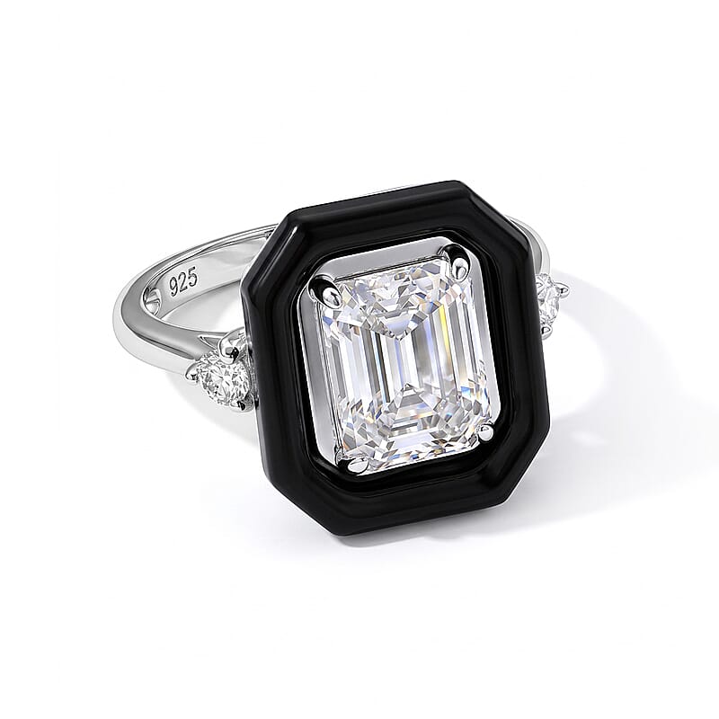 D'Joy Moissanite and Black Jade (D) 5.60 ctw Midnight Spark Ring in Rhodium Over Sterling Silver (Size 7.0)