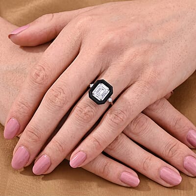 D'Joy Moissanite and Black Jade (D) 5.60 ctw Midnight Spark Ring in Rhodium Over Sterling Silver (Size 7.0)