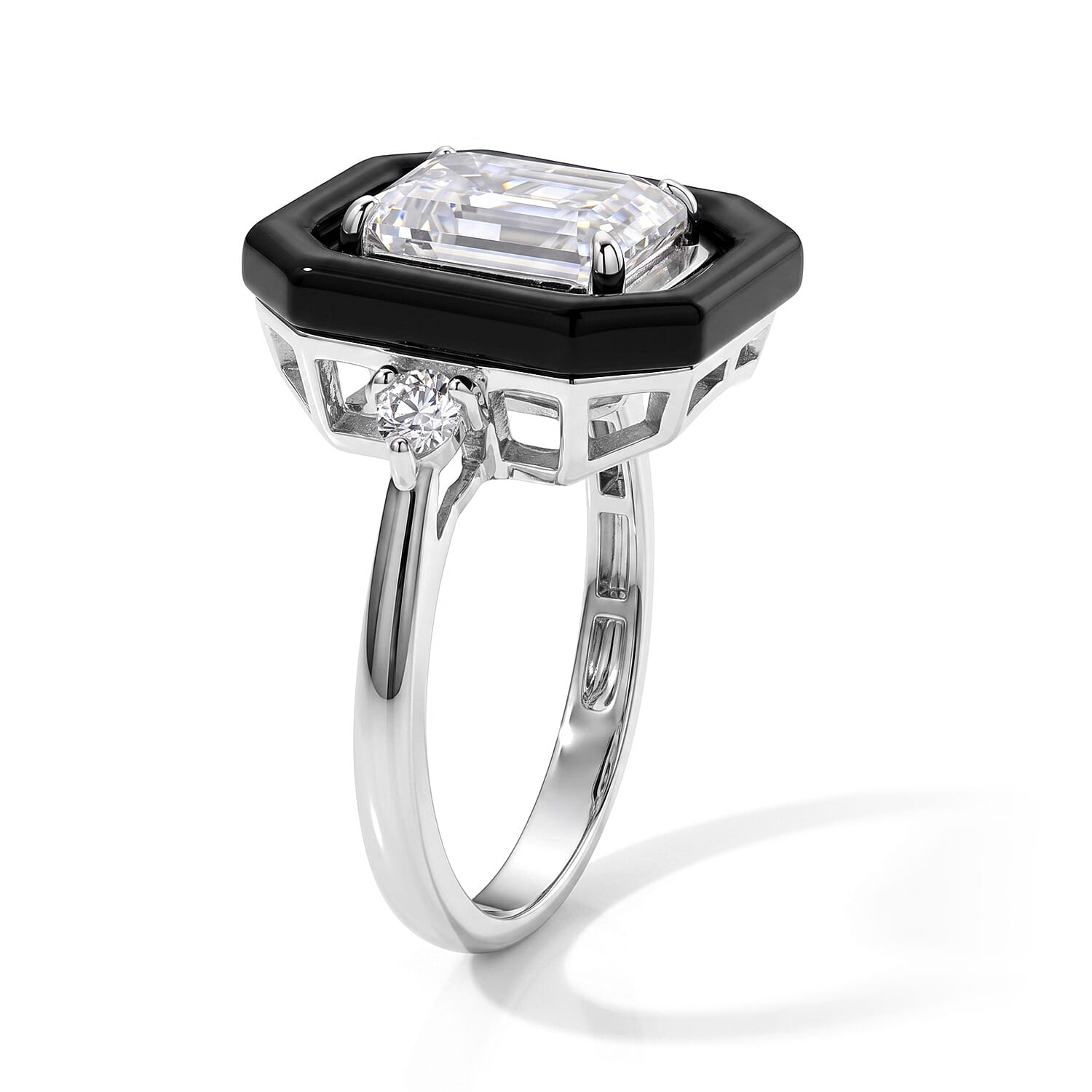 D'Joy Moissanite and Black Jade (D) 5.60 ctw Midnight Spark Ring in Rhodium Over Sterling Silver (Size 7.0)