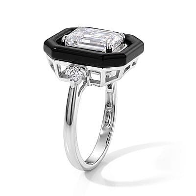 D'Joy Moissanite and Black Jade (D) 5.60 ctw Midnight Spark Ring in Rhodium Over Sterling Silver (Size 7.0)