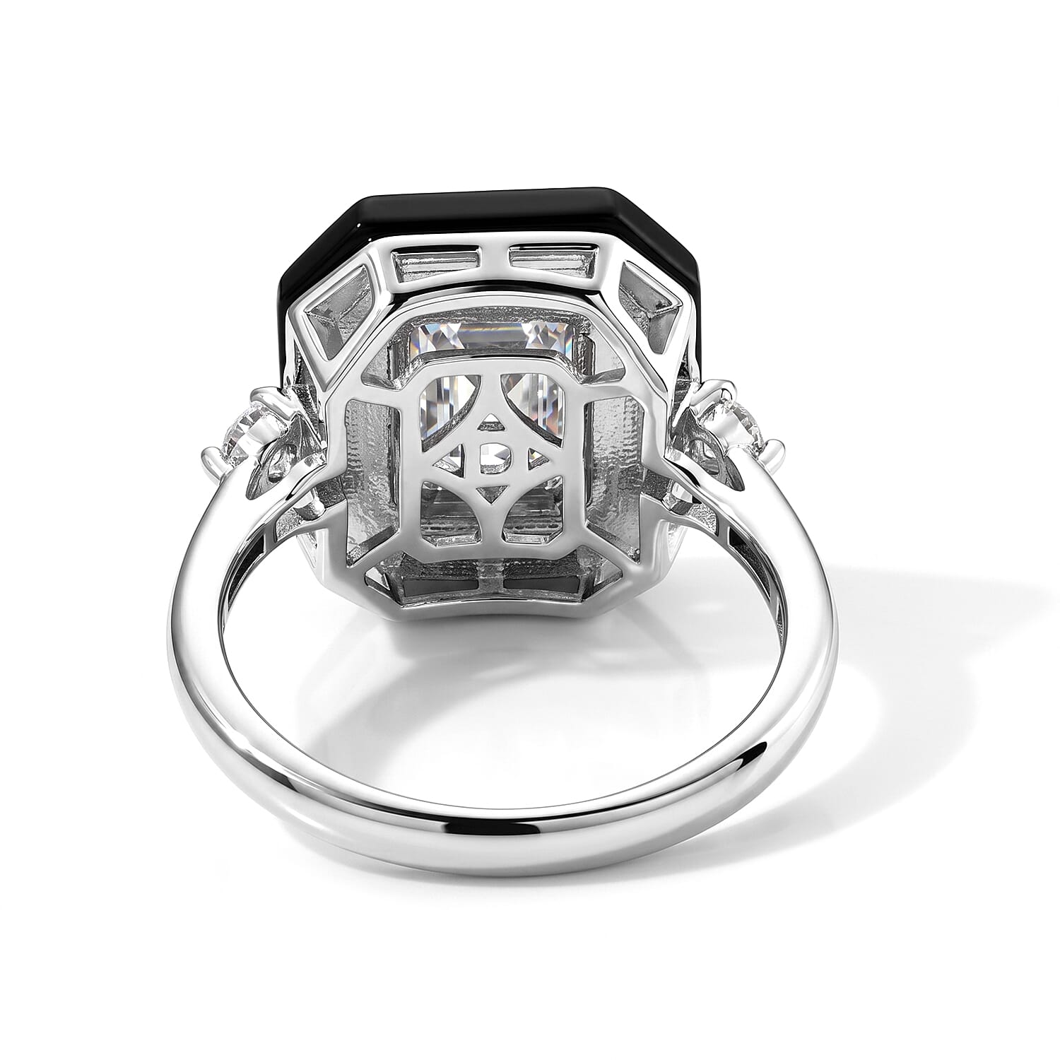 D'Joy Moissanite and Black Jade (D) 5.60 ctw Midnight Spark Ring in Rhodium Over Sterling Silver (Size 7.0)