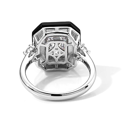 D'Joy Moissanite and Black Jade (D) 5.60 ctw Midnight Spark Ring in Rhodium Over Sterling Silver (Size 7.0)