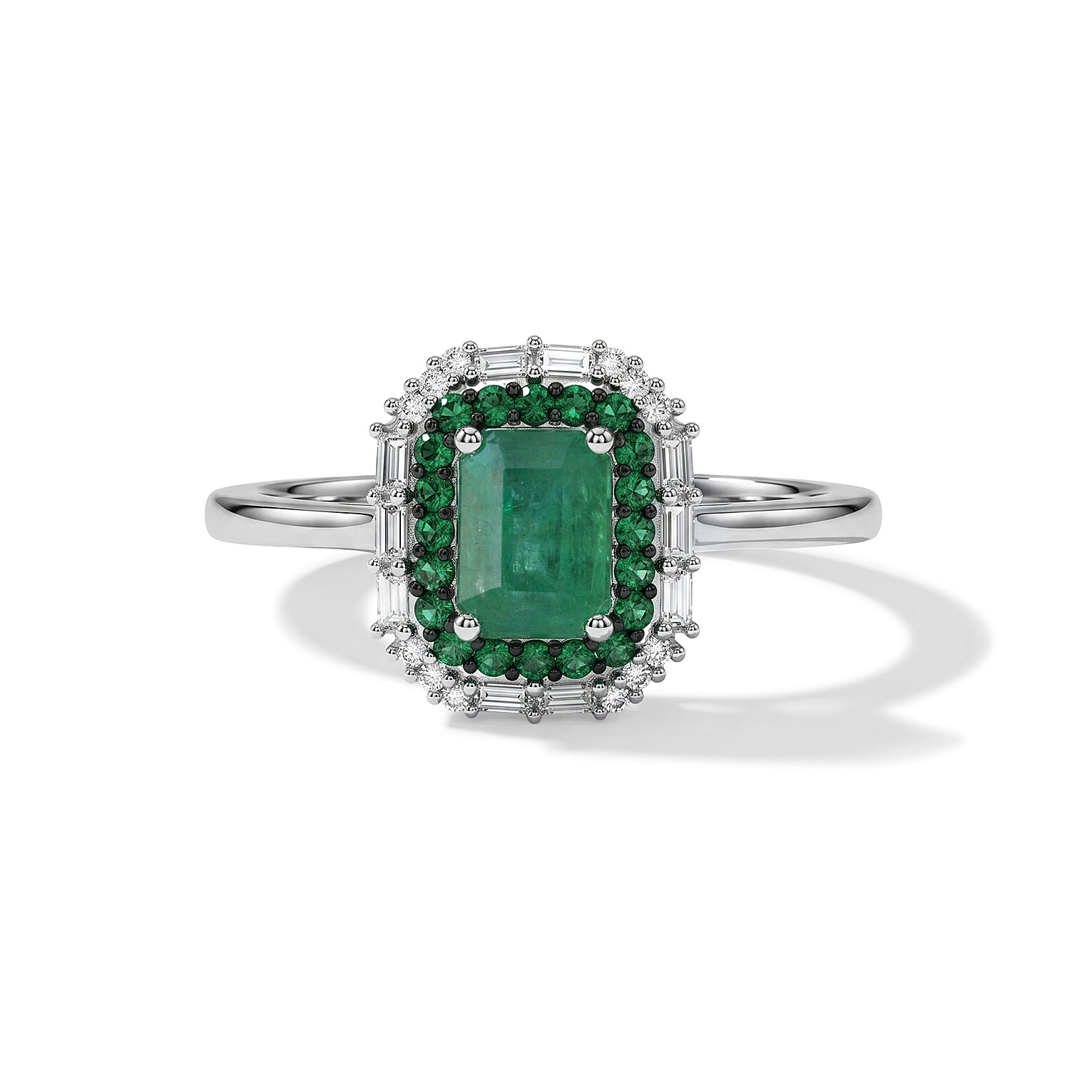 D'Joy Premium Kagem Zambian Emerald and Moissanite 1.65 ctw Royal Glow Ring in Rhodium Over Sterling Silver (Size 8.0)