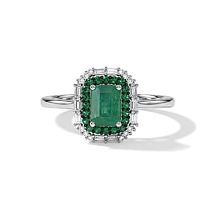 D'Joy Premium Kagem Zambian Emerald and Moissanite 1.65 ctw Royal Glow Ring in Rhodium Over Sterling Silver (Size 8.0)
