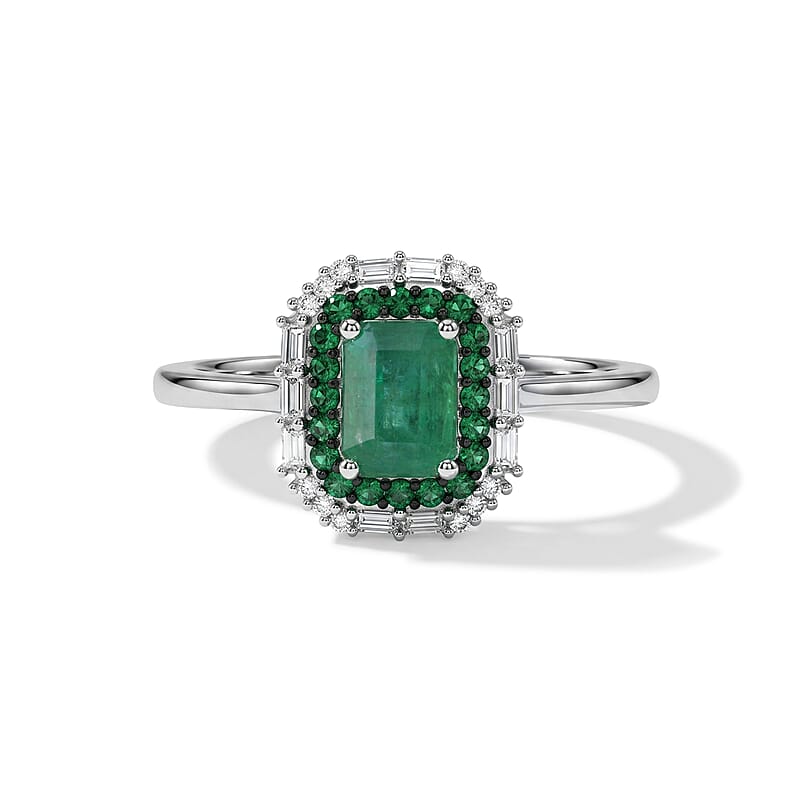 D'Joy Premium Kagem Zambian Emerald and Moissanite 1.65 ctw Royal Glow Ring in Rhodium Over Sterling Silver (Size 8.0)