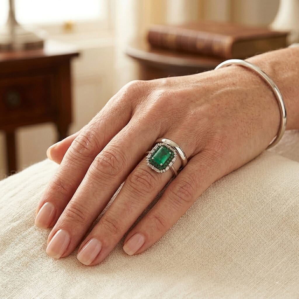 D'Joy Premium Kagem Zambian Emerald and Moissanite 1.65 ctw Royal Glow Ring in Rhodium Over Sterling Silver (Size 8.0)