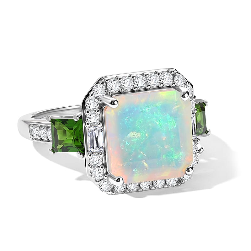 D'Joy AAA Ethiopian Welo Opal and Multi Gemstone 4.00 ctw Geometric Radiance Ring in Rhodium Over Sterling Silver (Size 6.0)