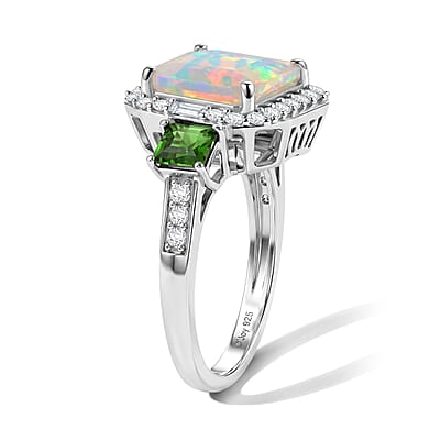 D'Joy AAA Ethiopian Welo Opal and Multi Gemstone 4.00 ctw Geometric Radiance Ring in Rhodium Over Sterling Silver (Size 6.0)