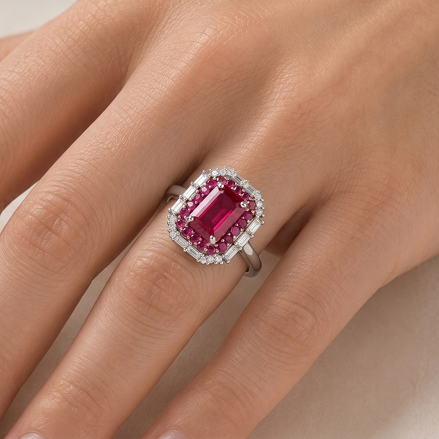 D'Joy Premium Mozambique Ruby and Moissanite 1.70 ctw Royal Glow Ring in Rhodium Over Sterling Silver (Size 5.0)