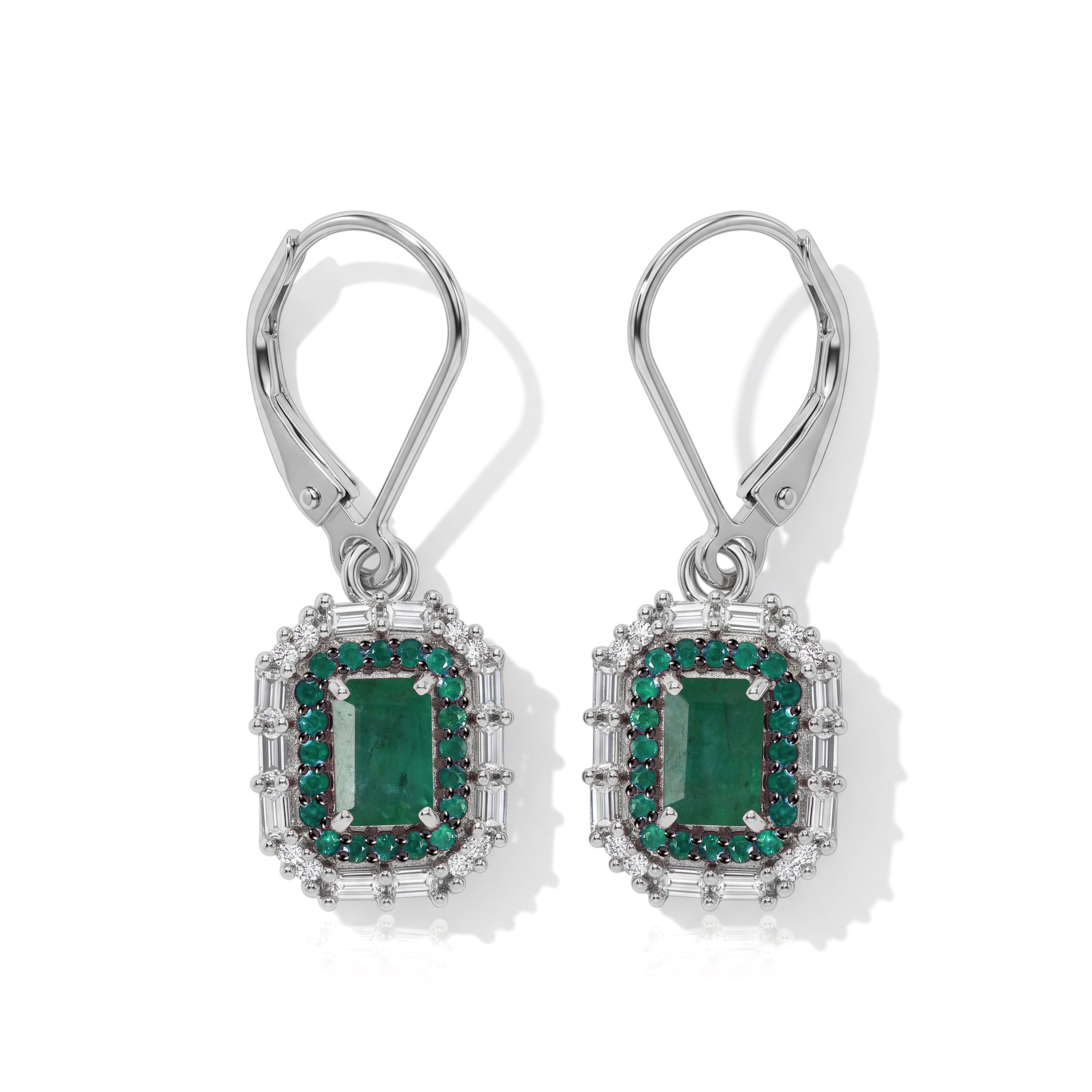 D'Joy Premium Kagem Zambian Emerald and Moissanite 3.10 ctw Royal Glow Earrings in Rhodium Over Sterling Silver