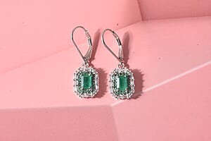 D'Joy Premium Kagem Zambian Emerald and Moissanite 3.10 ctw Royal Glow Earrings in Rhodium Over Sterling Silver