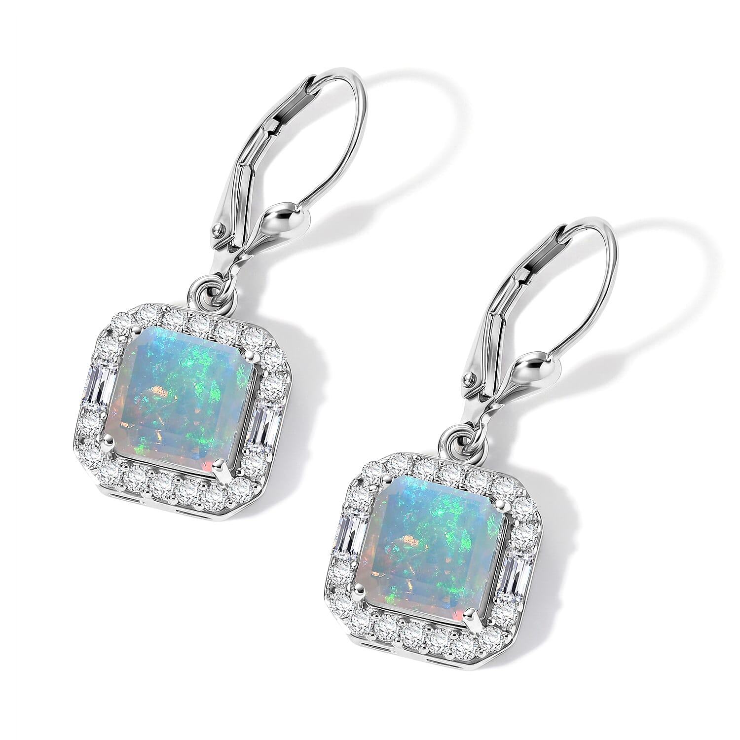 D'Joy AAA Ethiopian Welo Opal, Moissanite Earrings in Rhodium Over Sterling Silver (Ships in 7-10 Days) 3.75 ctw