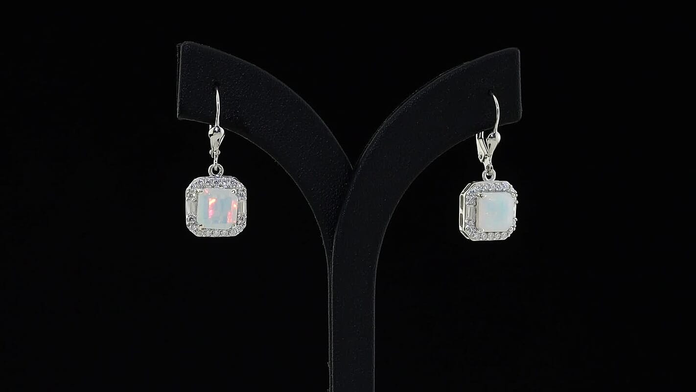D'Joy AAA Ethiopian Welo Opal, Moissanite Earrings in Rhodium Over Sterling Silver (Ships in 7-10 Days) 3.75 ctw