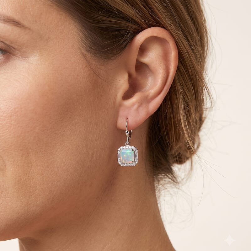 D'Joy AAA Ethiopian Welo Opal and Moissanite 3.75 ctw Geometric Radiance Earrings in Rhodium Over Sterling Silver