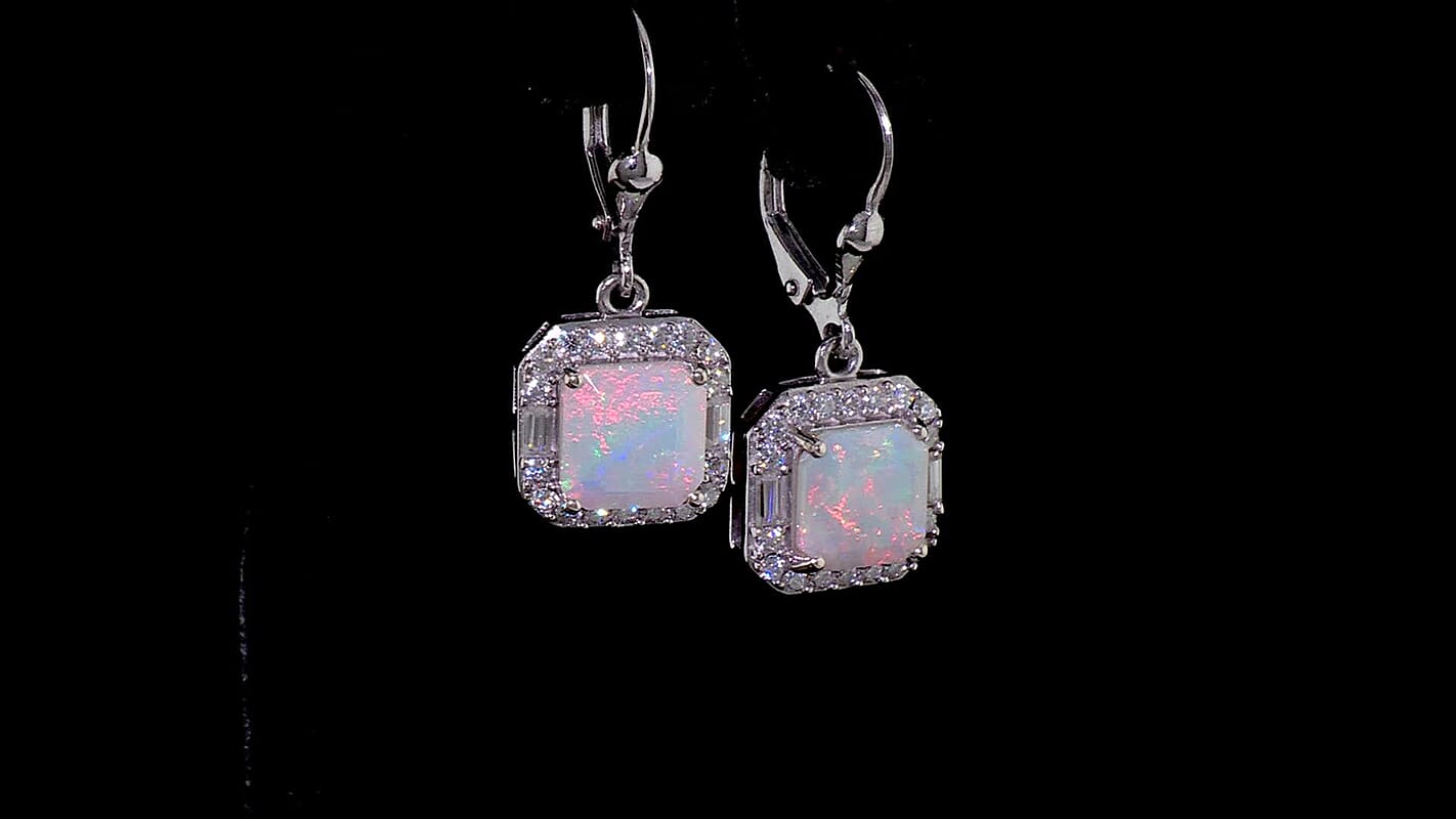 D'Joy AAA Ethiopian Welo Opal, Moissanite Earrings in Rhodium Over Sterling Silver (Ships in 7-10 Days) 3.75 ctw