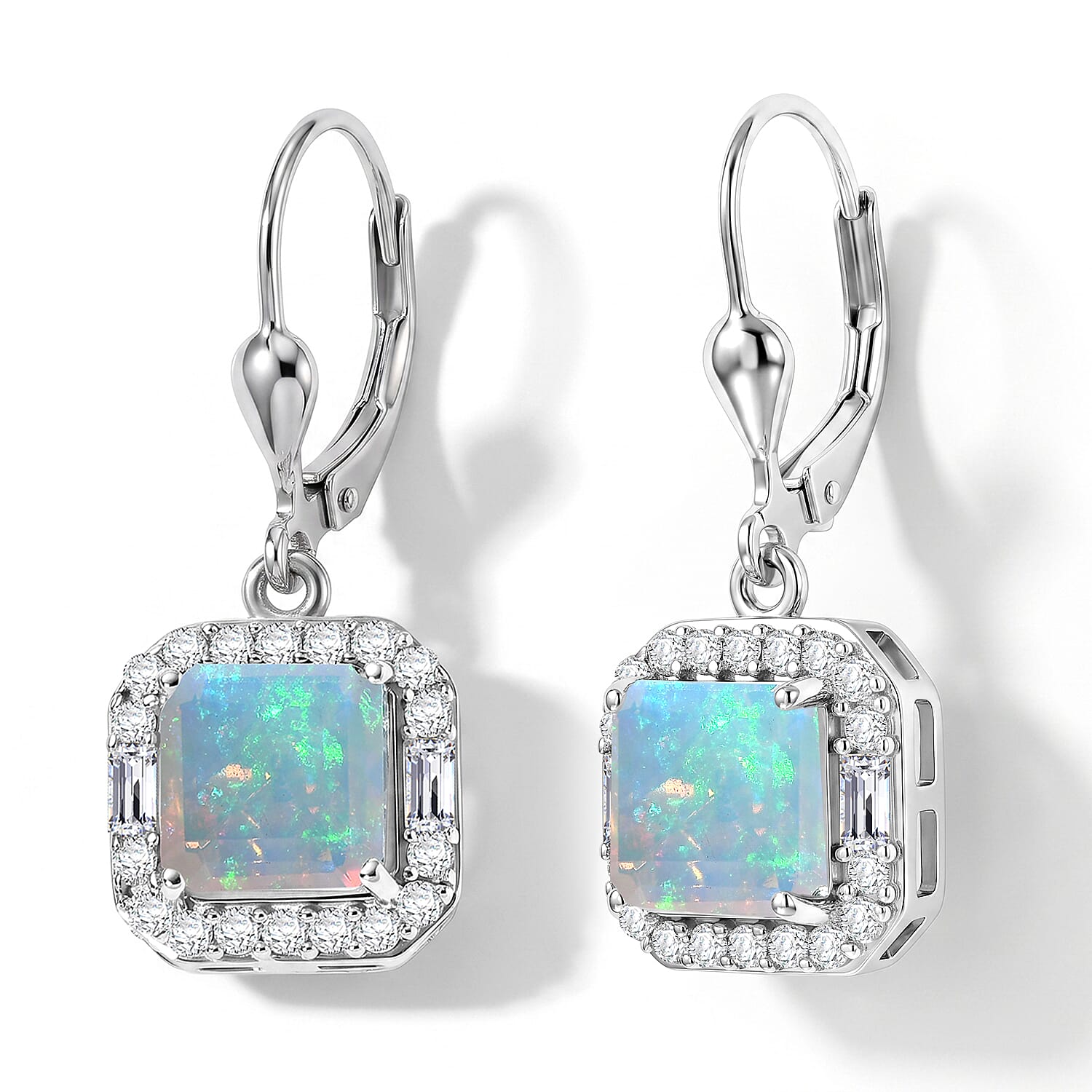 D'Joy AAA Ethiopian Welo Opal and Moissanite 3.75 ctw Geometric Radiance Earrings in Rhodium Over Sterling Silver
