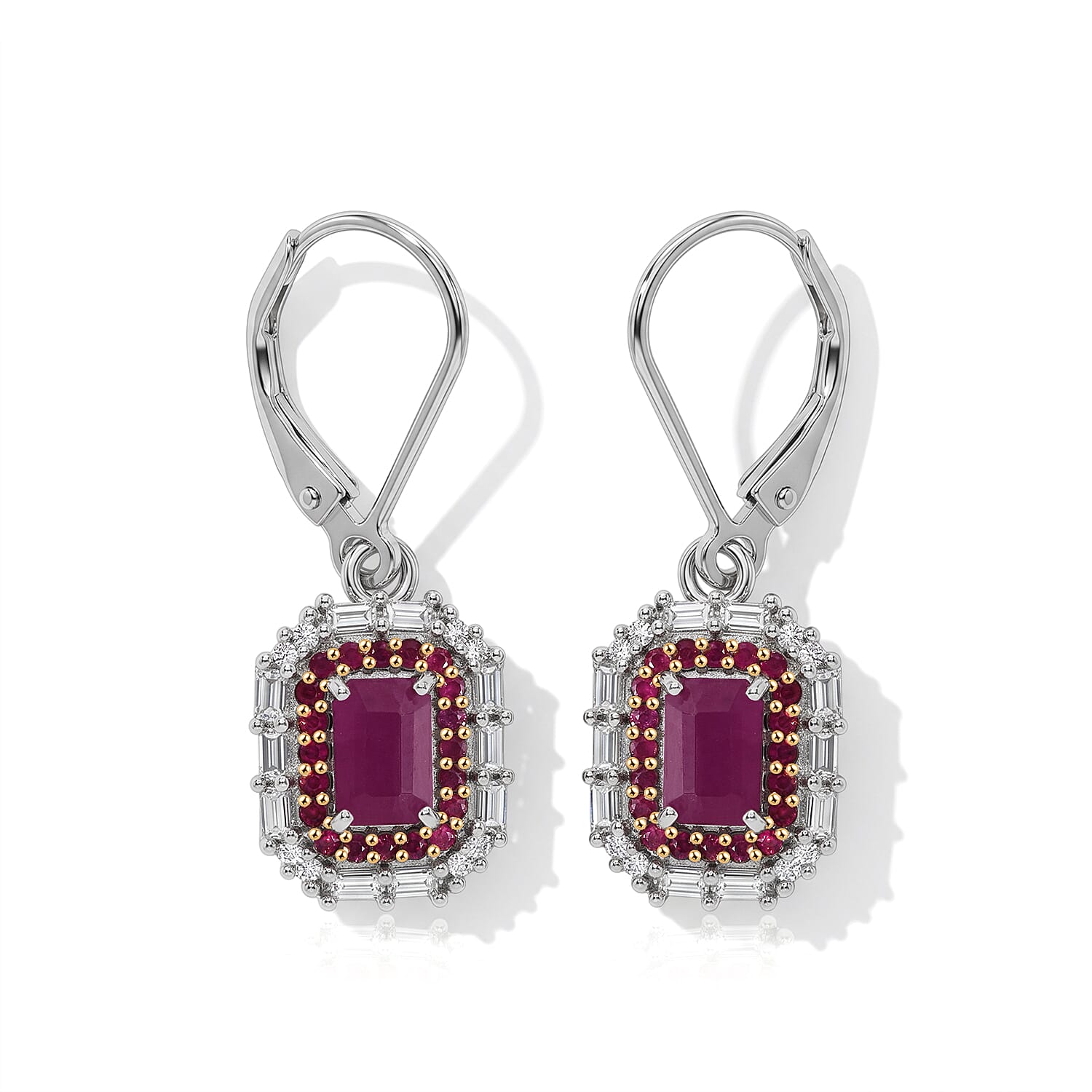 D'Joy Premium Mozambique Ruby and Moissanite 3.10 ctw Royal Glow Earrings in Rhodium Over Sterling Silver