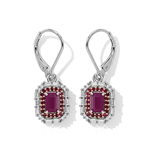 D'Joy Premium Mozambique Ruby and Moissanite 3.10 ctw Royal Glow Earrings in Rhodium Over Sterling Silver