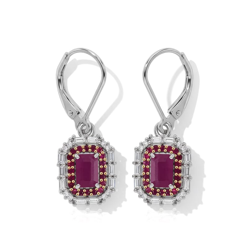 D'Joy Premium Mozambique Ruby and Moissanite 3.10 ctw Royal Glow Earrings in Rhodium Over Sterling Silver