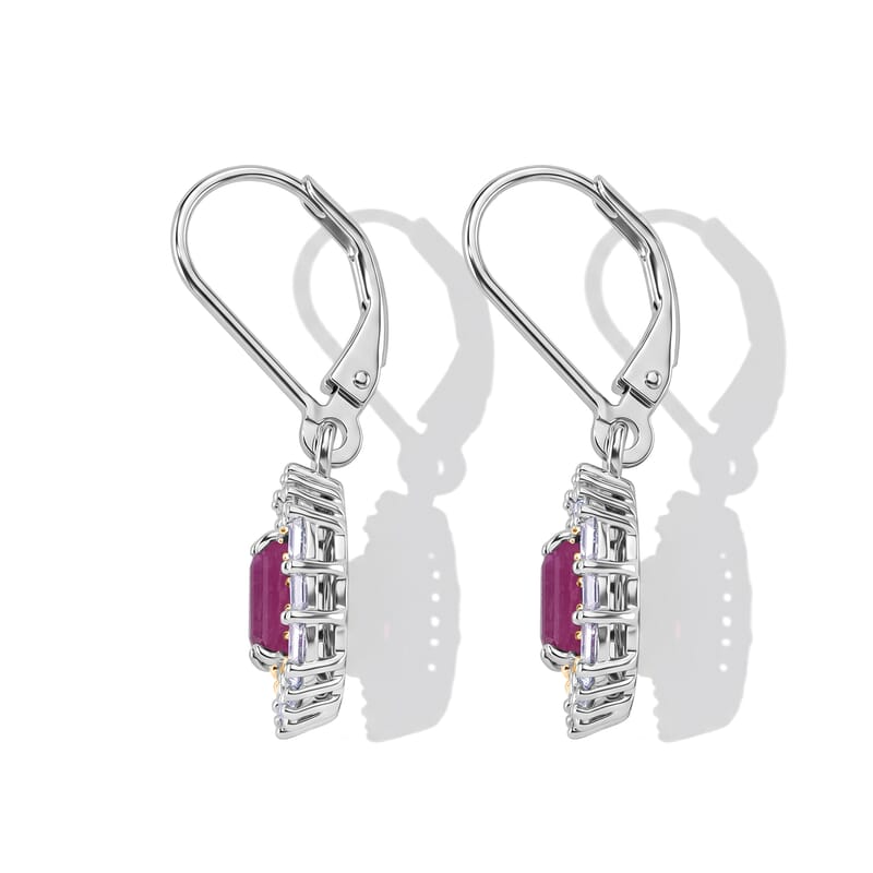 D'Joy Premium Mozambique Ruby and Moissanite 3.10 ctw Royal Glow Earrings in Rhodium Over Sterling Silver